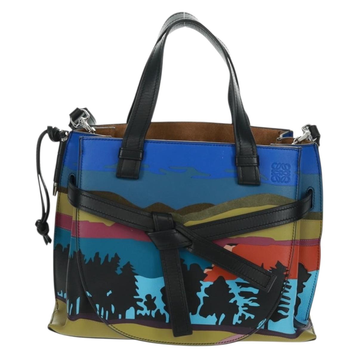 LOEWE Anagram Amazona 75 Hand Bag Leather 2way Blue Silver Auth 149898SM