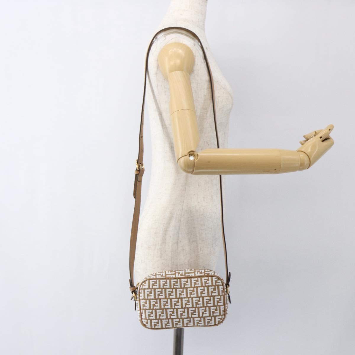 FENDI Zucchino Canvas Shoulder Bag Beige Gold Auth 149921SM