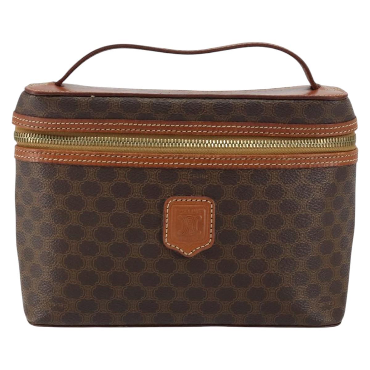 CELINE Macadam Canvas Vanity Pouch PVC Leather Brown Gold Auth 149953