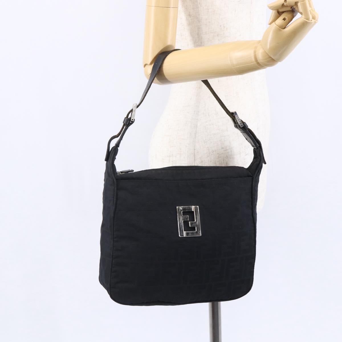 FENDI Zucca Canvas Shoulder Bag Black Silver Auth 149971