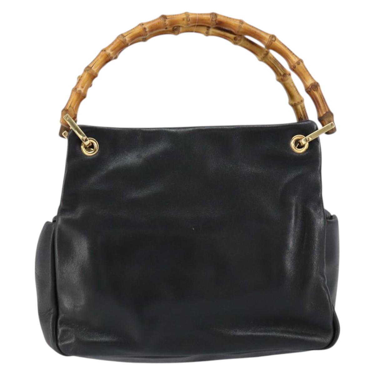 GUCCI Bamboo Hand Bag Leather Black Gold 000 1014 0575 Auth 149974