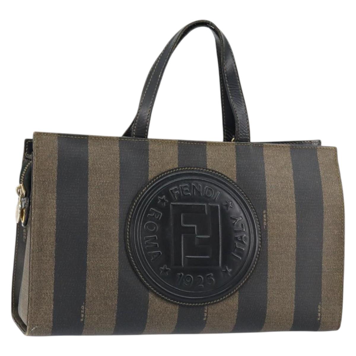 FENDI Pecan Canvas Hand Bag PVC Black Brown gold Auth 150002