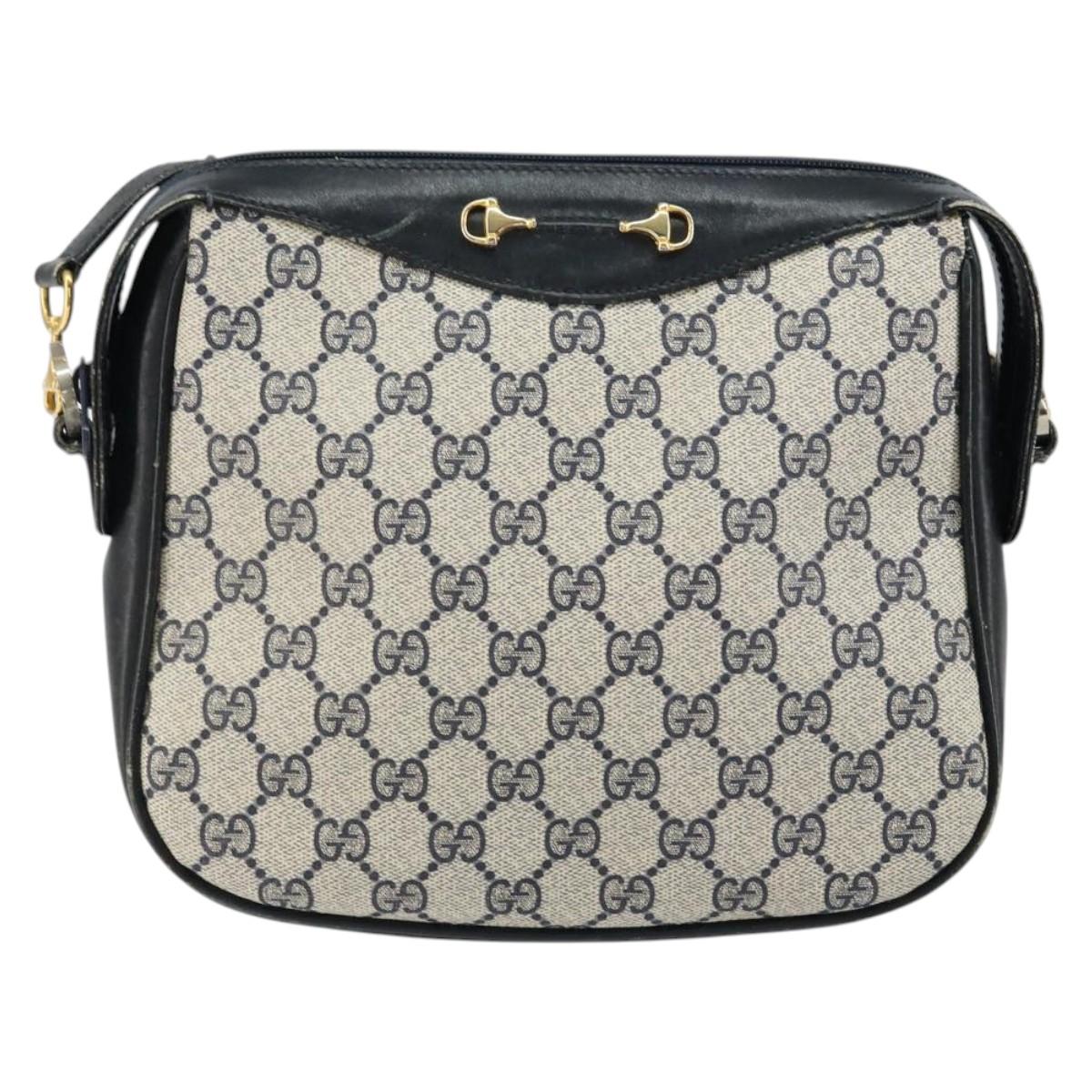 GUCCI GG Supreme Horsebit Shoulder Bag PVC Navy Gold Silver Auth 150026