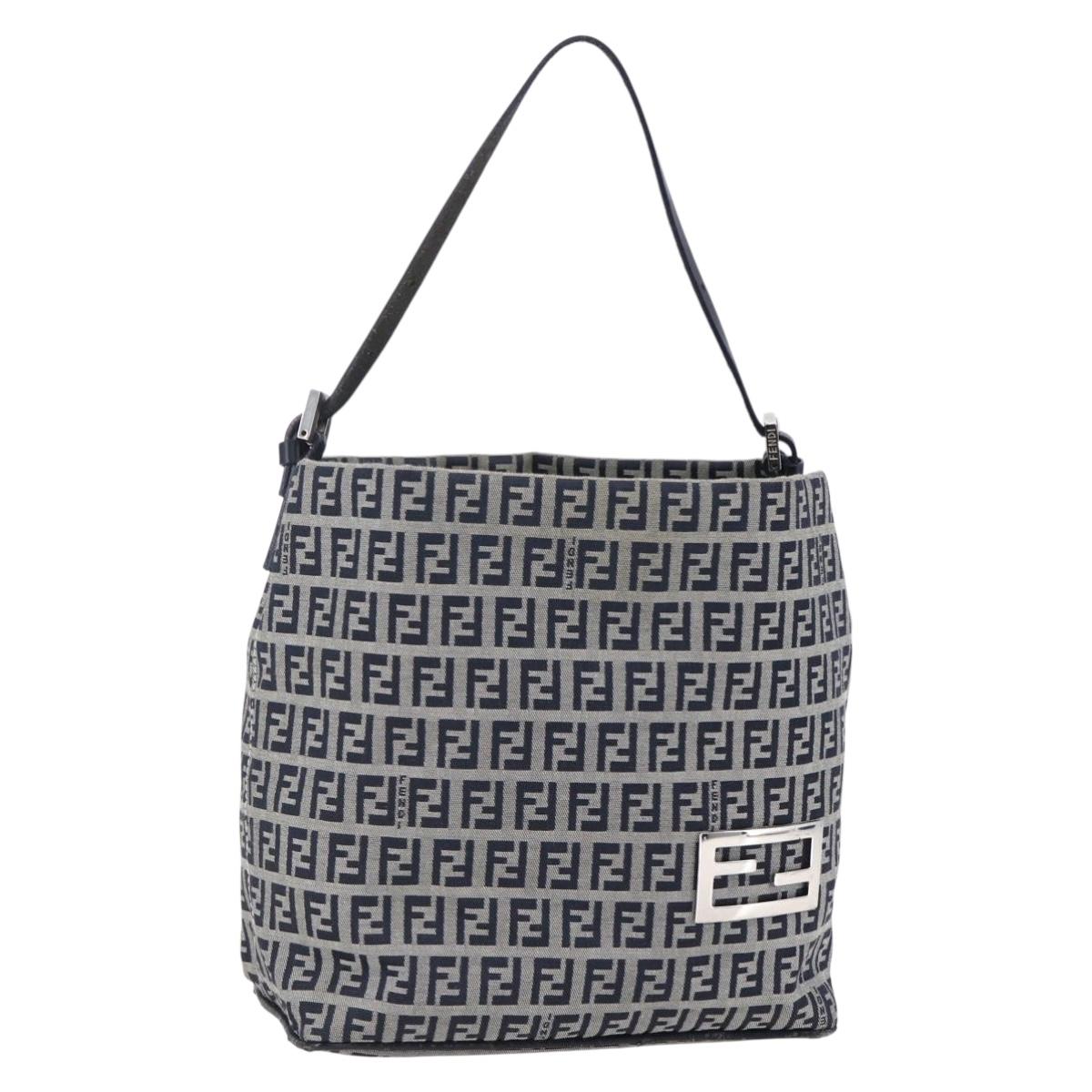 FENDI Zucchino Canvas Shoulder Bag Navy Silver Auth 150032