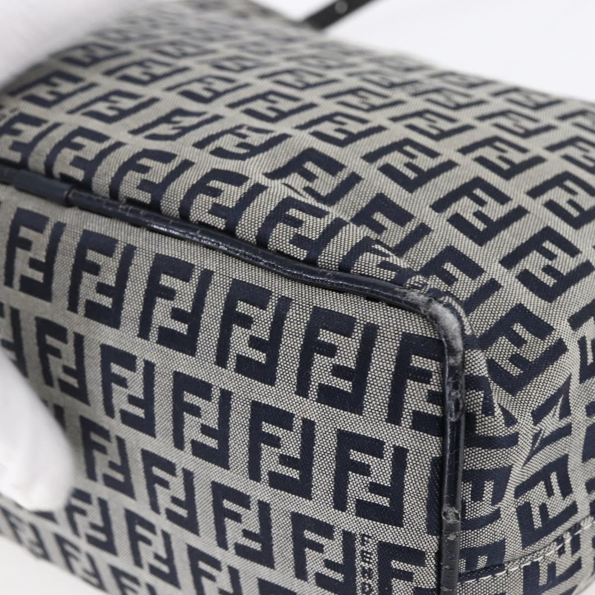 FENDI Zucchino Canvas Shoulder Bag Navy Silver Auth 150032