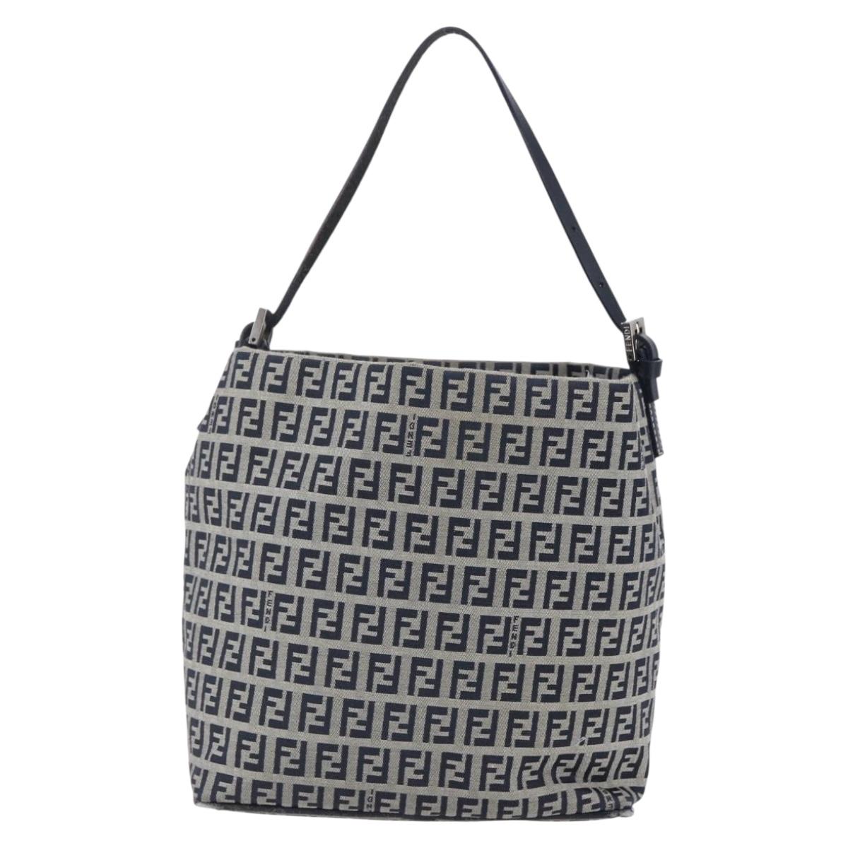 FENDI Zucchino Canvas Shoulder Bag Navy Silver Auth 150032