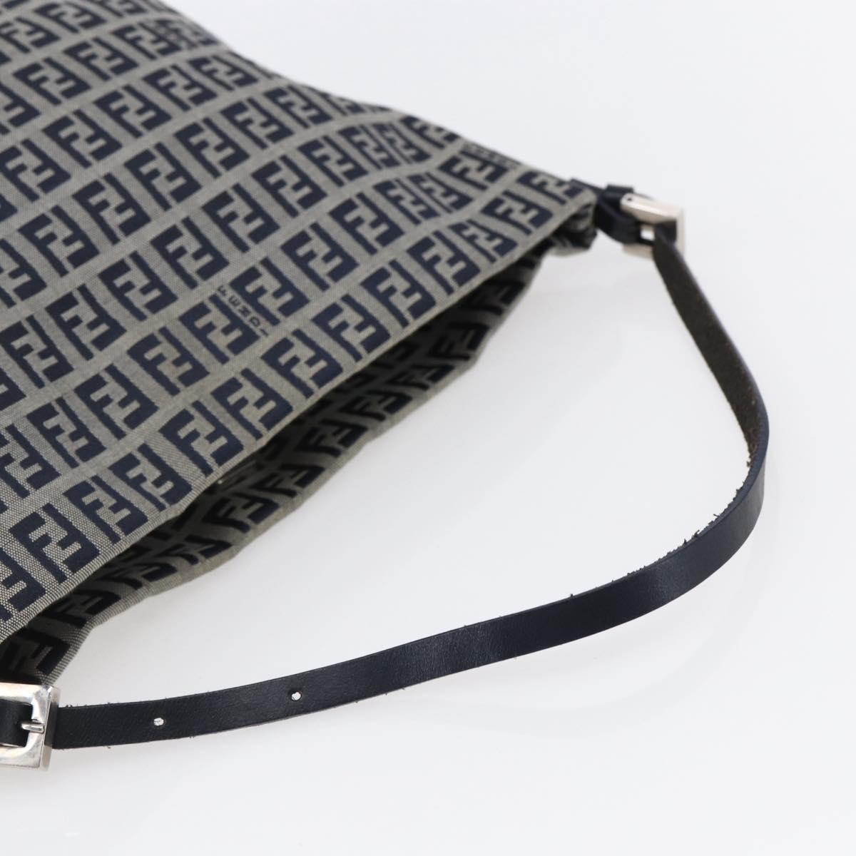 FENDI Zucchino Canvas Shoulder Bag Navy Silver Auth 150032