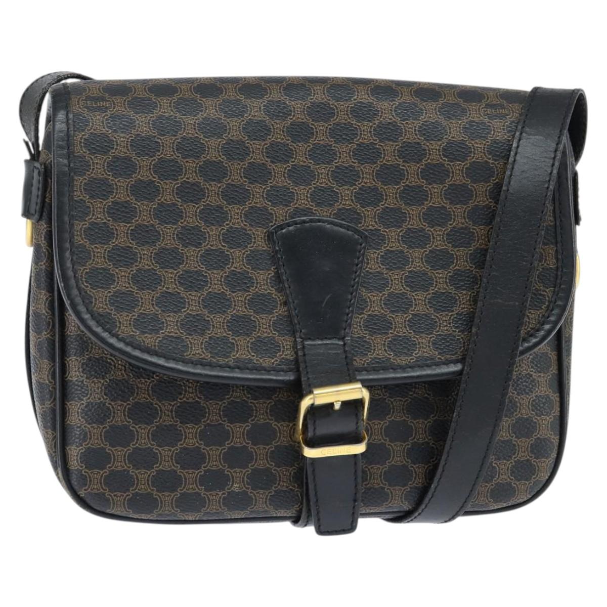 CELINE Macadam Canvas Shoulder Bag PVC Leather Black Gold Auth 150035