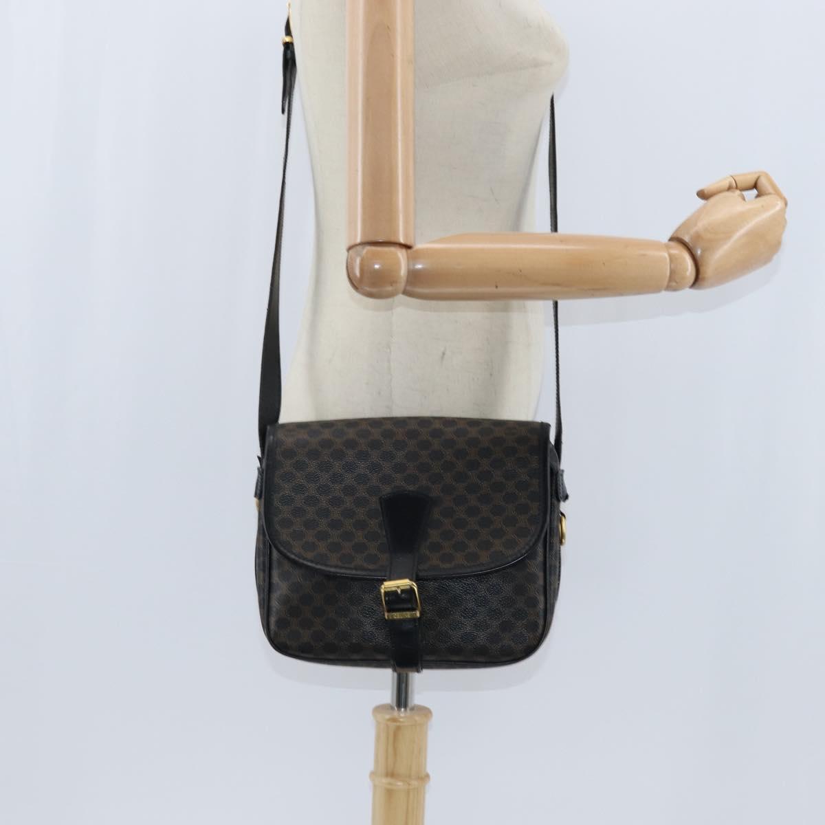 CELINE Macadam Canvas Shoulder Bag PVC Leather Black Gold Auth 150035