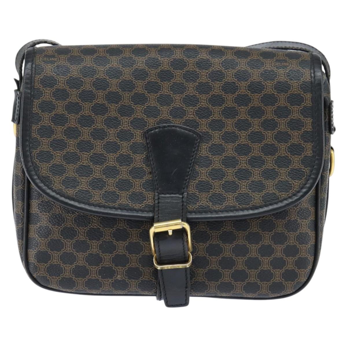 CELINE Macadam Canvas Shoulder Bag PVC Leather Black Gold Auth 150035