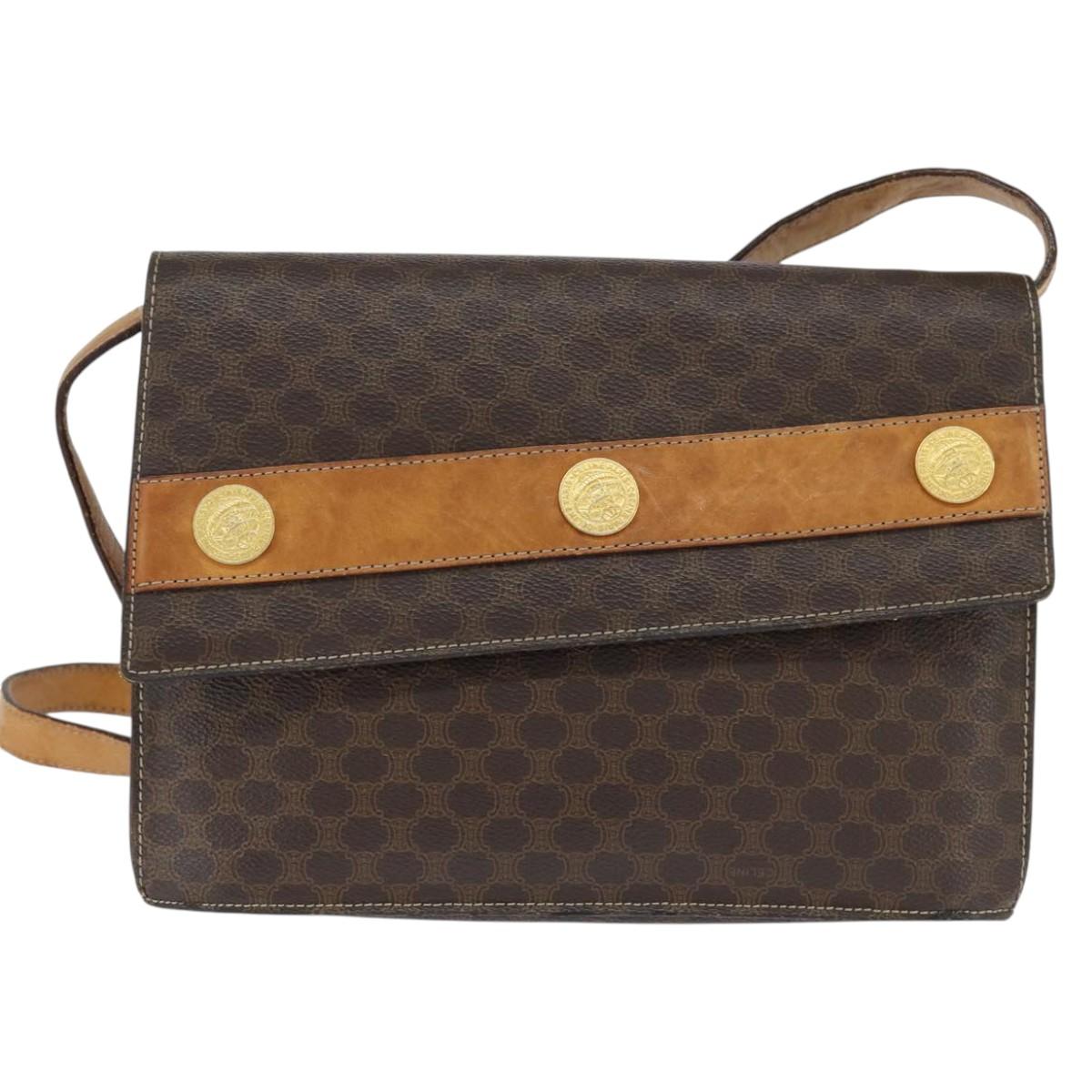 CELINE Macadam Canvas Shoulder Bag PVC Leather Brown Gold Auth 150050