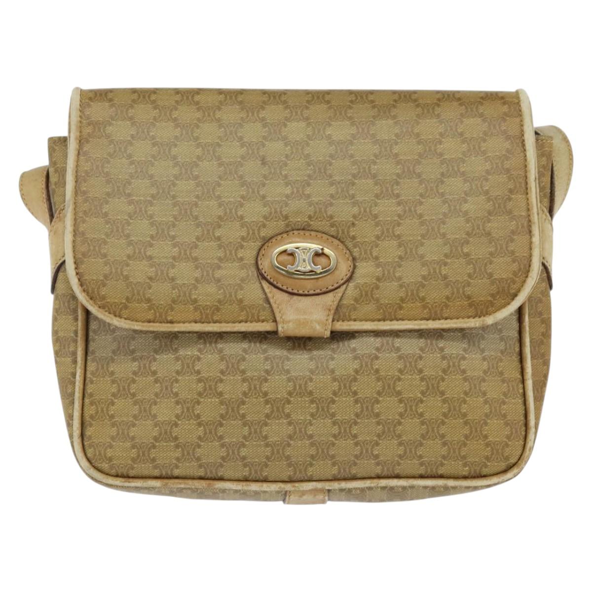 CELINE Macadam Canvas Shoulder Bag Beige Gold Auth 150067