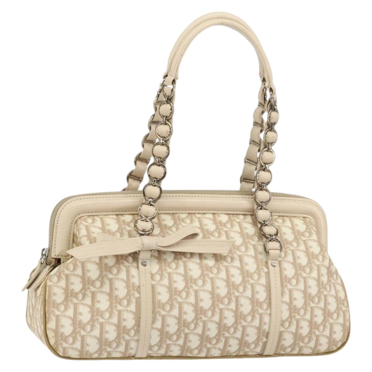 Christian Dior Trotter Canvas Romantic Tote Bag PVC Beige Silver Auth 150070