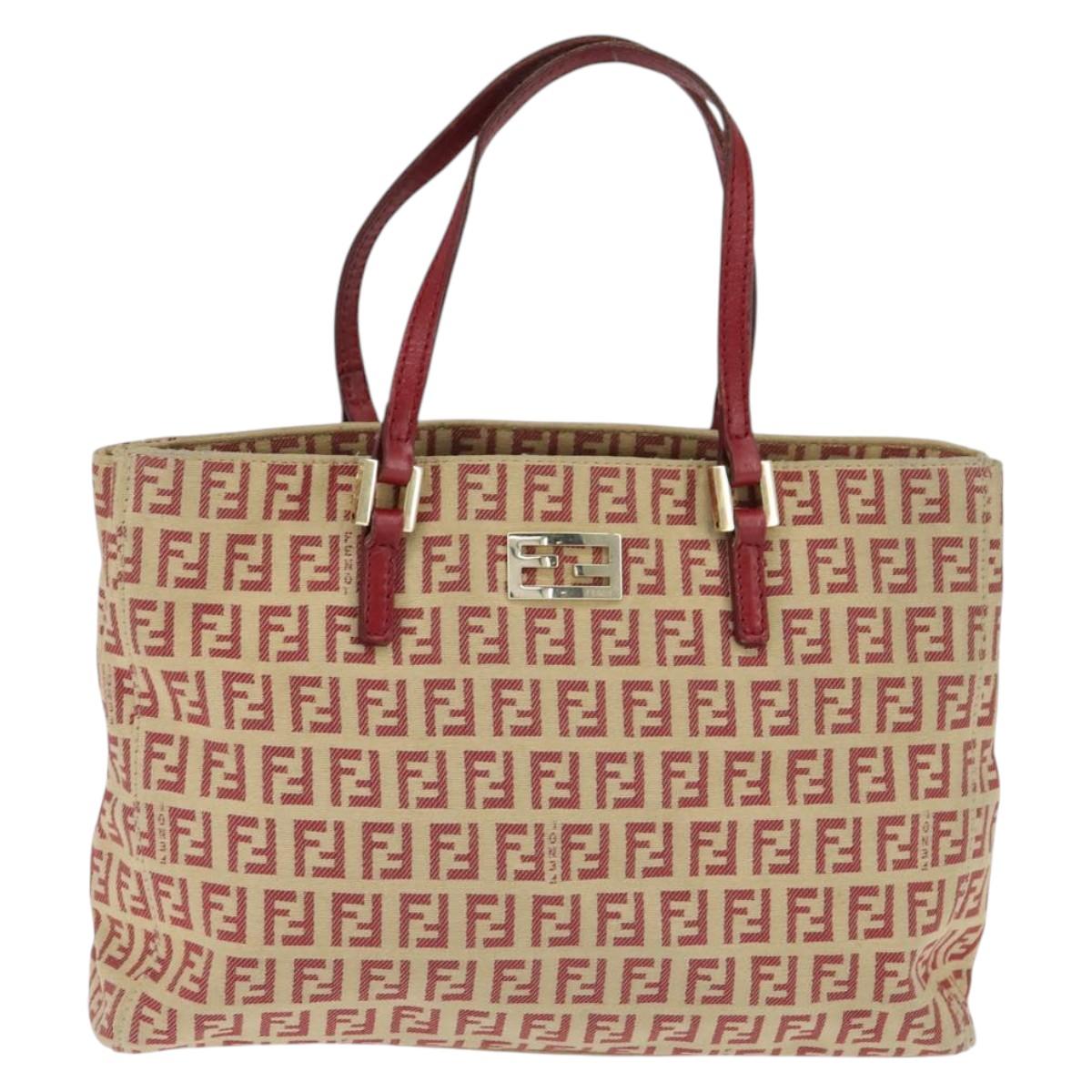 FENDI Zucchino Canvas Hand Bag Red Gold Auth 150073