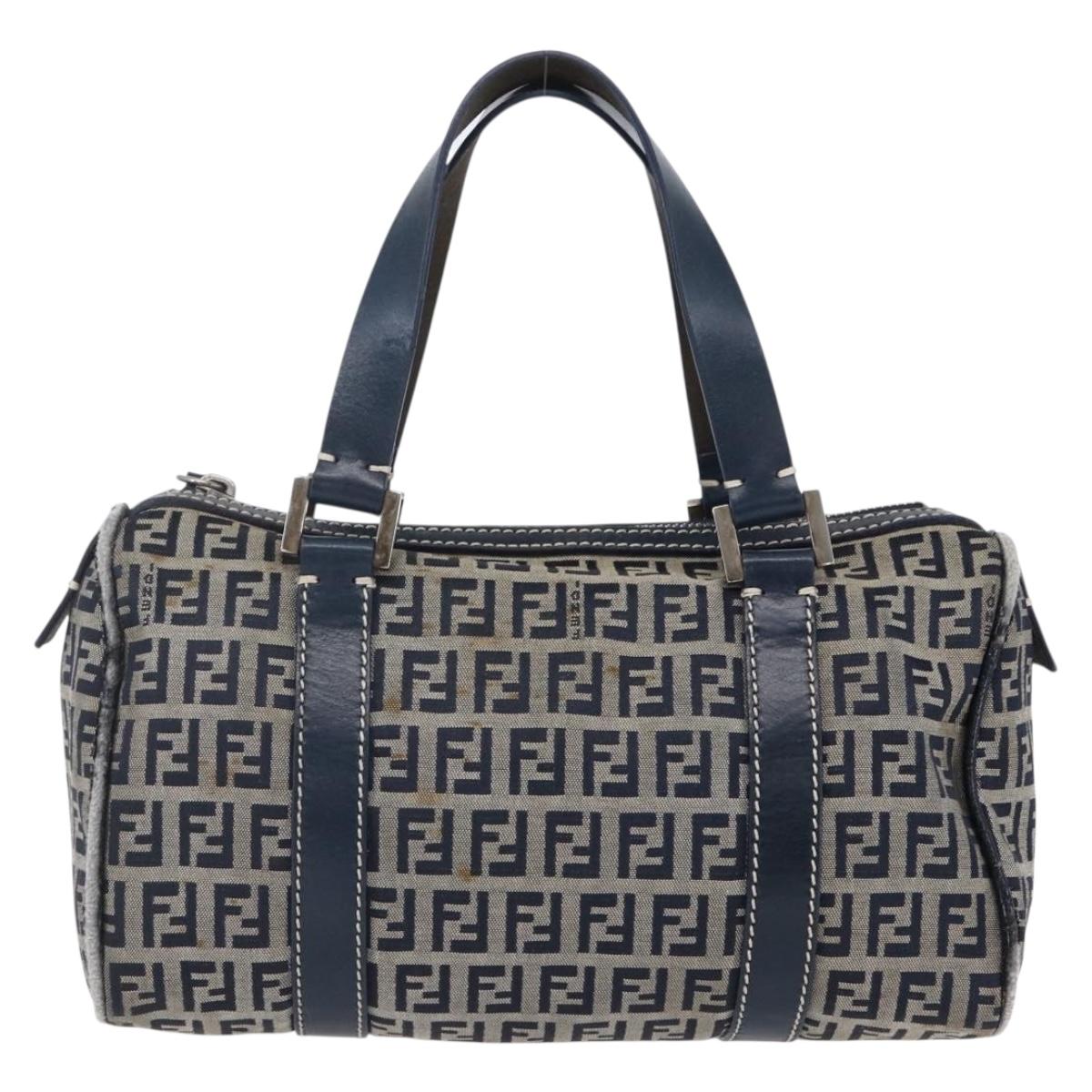FENDI Zucchino Canvas Hand Bag Navy Silver Auth 150074