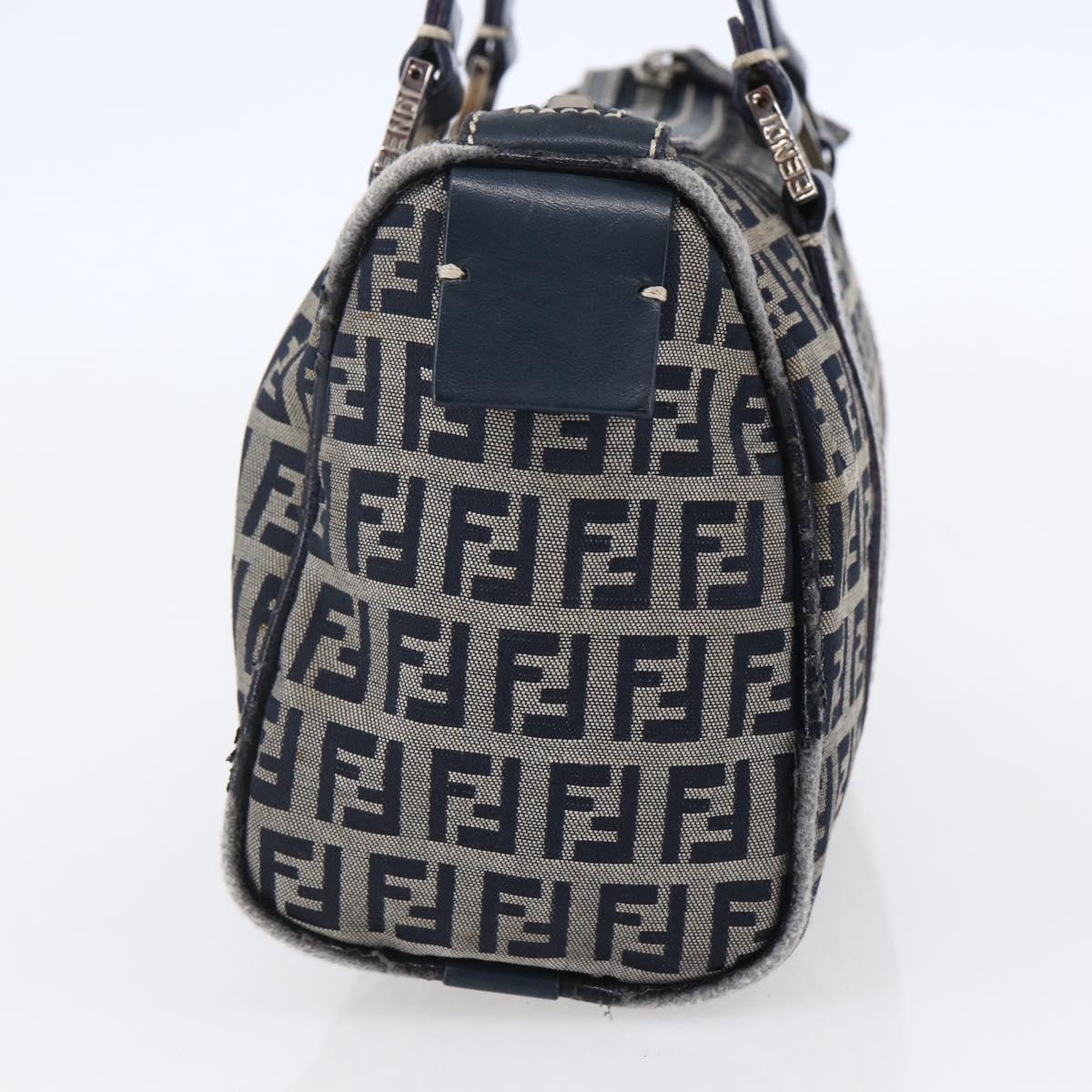 FENDI Zucchino Canvas Hand Bag Navy Silver Auth 150074