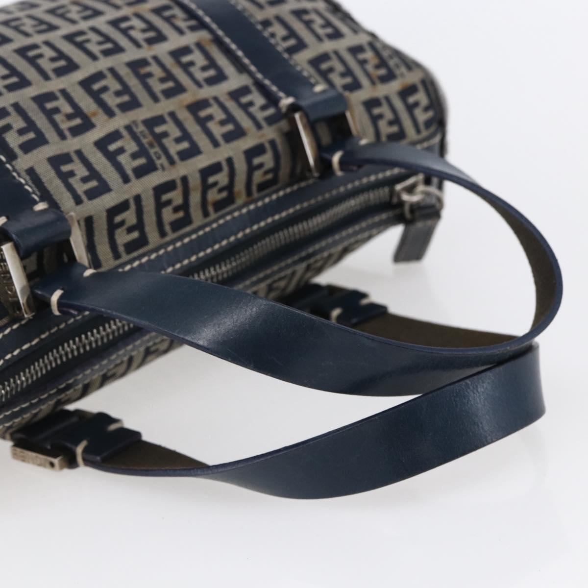 FENDI Zucchino Canvas Hand Bag Navy Silver Auth 150074