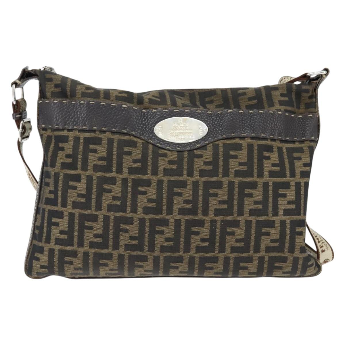 FENDI Zucca Canvas Celeria Shoulder Bag Black Brown Auth 150078