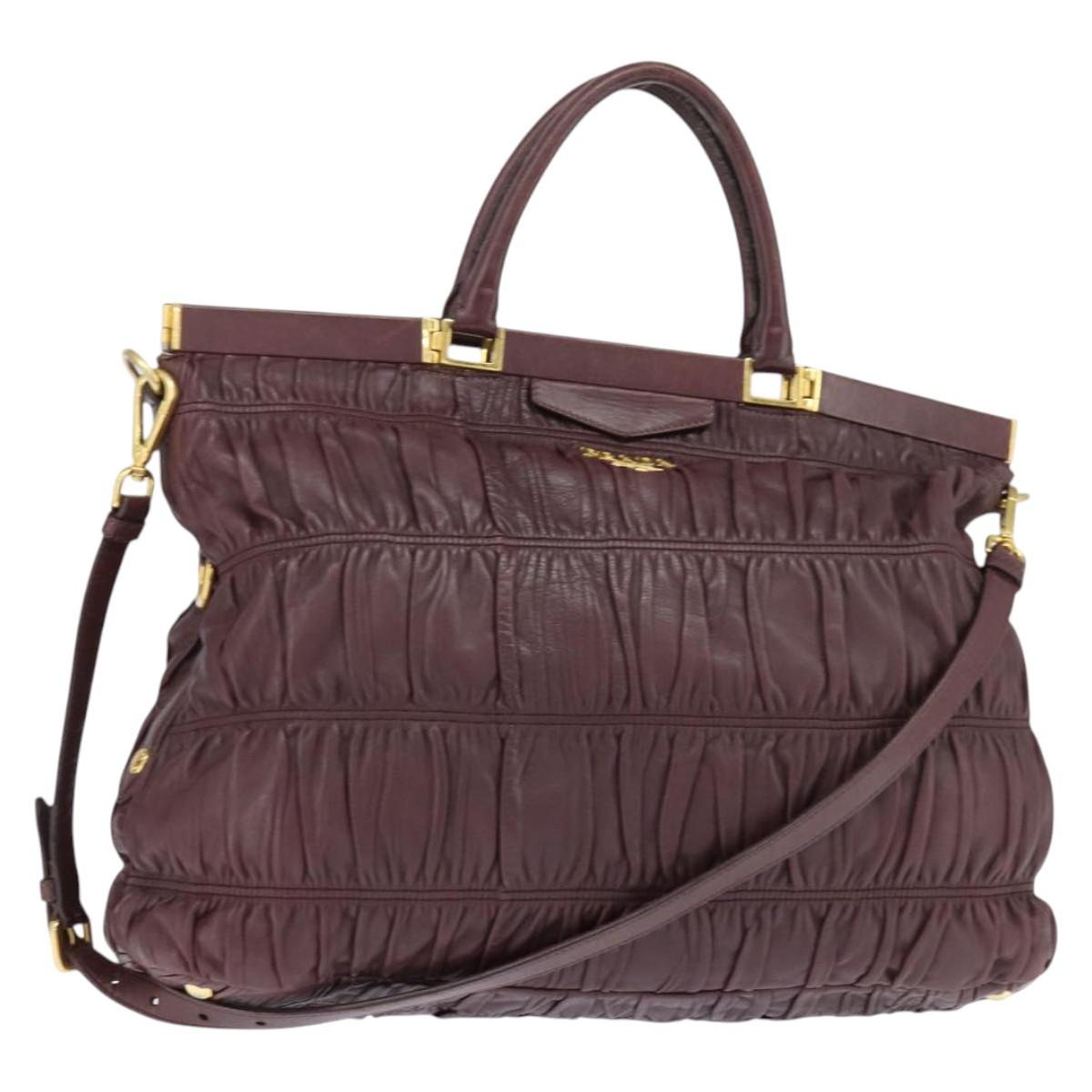 PRADA Gathered Hand Bag Leather 2way Bordeaux Gold Auth 150088