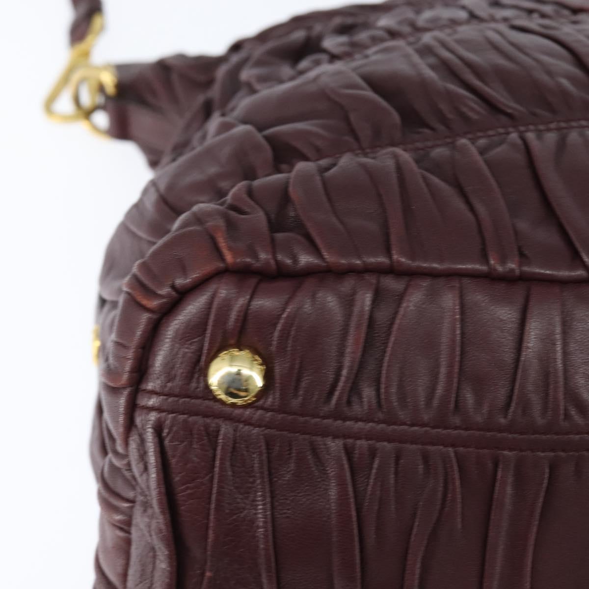 PRADA Gathered Hand Bag Leather 2way Bordeaux Gold Auth 150088