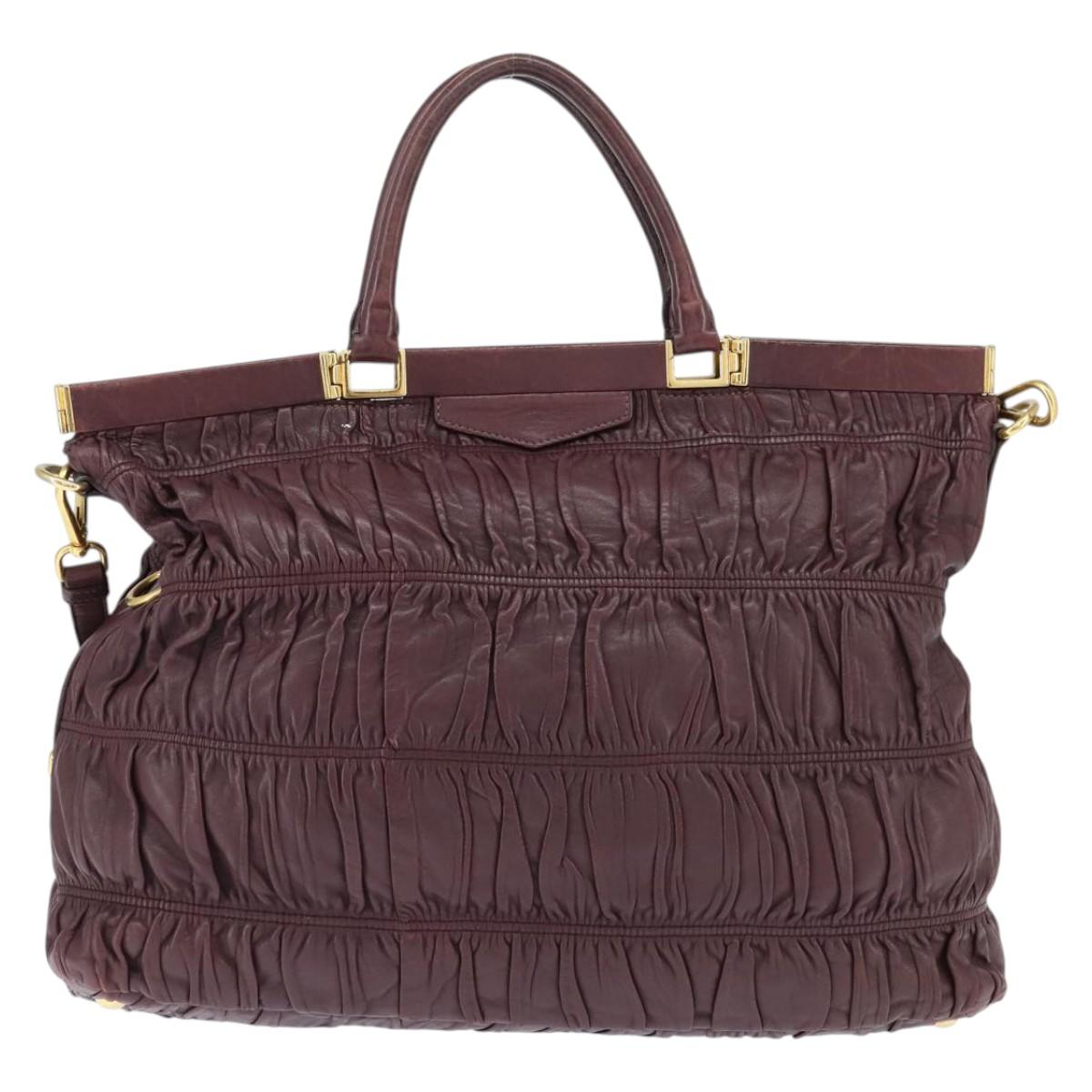 PRADA Gathered Hand Bag Leather 2way Bordeaux Gold Auth 150088