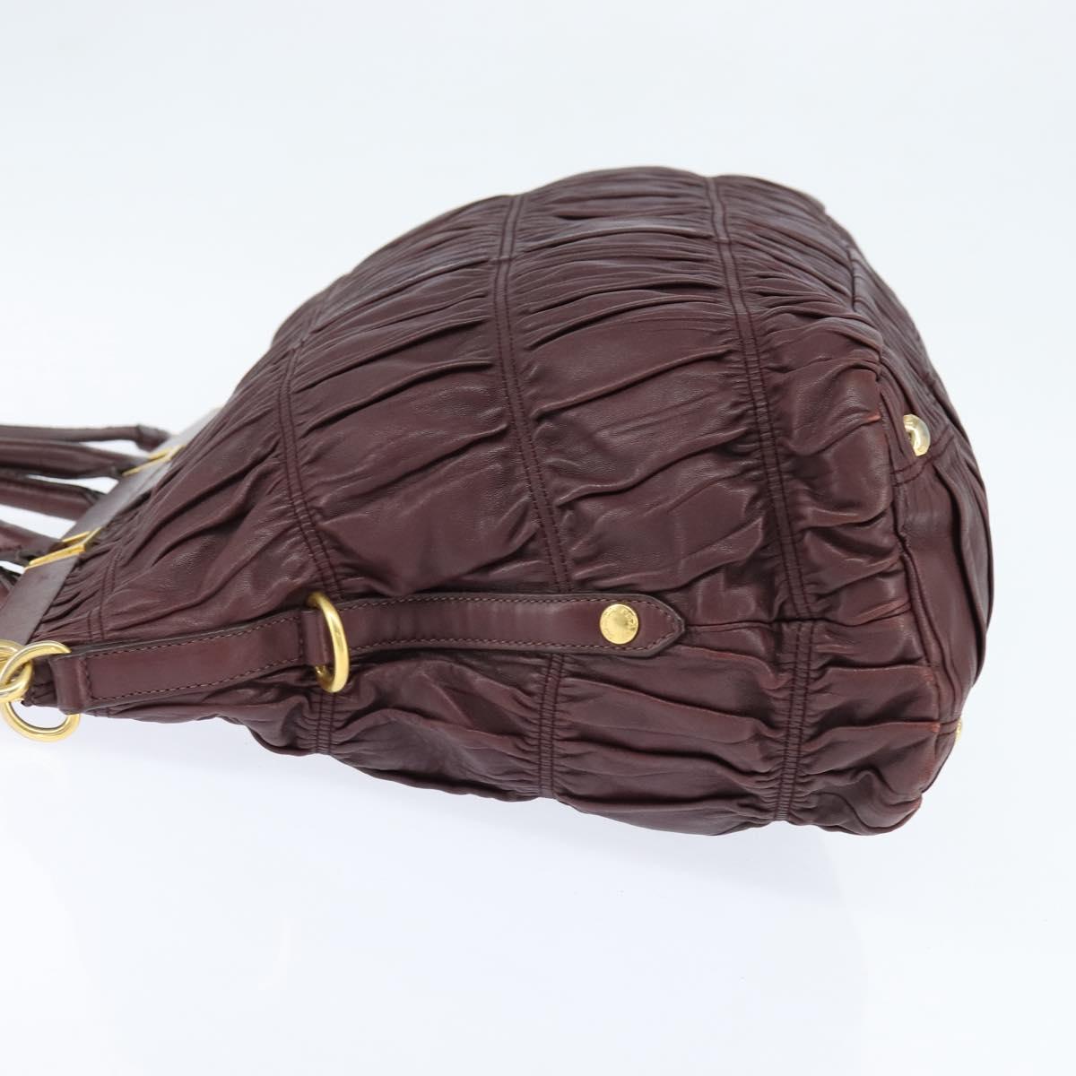 PRADA Gathered Hand Bag Leather 2way Bordeaux Gold Auth 150088