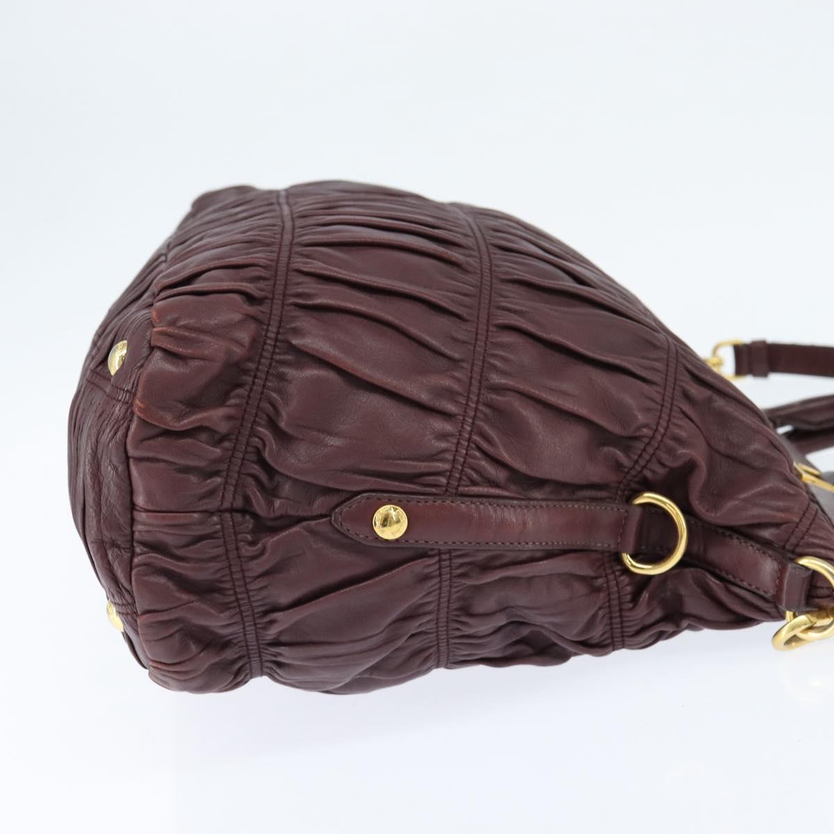 PRADA Gathered Hand Bag Leather 2way Bordeaux Gold Auth 150088