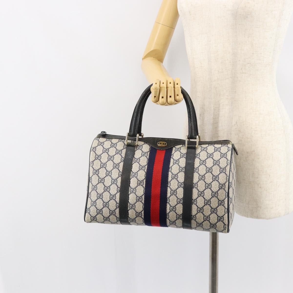 GUCCI GG Supreme Sherry Line Boston Bag PVC Navy Gold Red Auth 150128