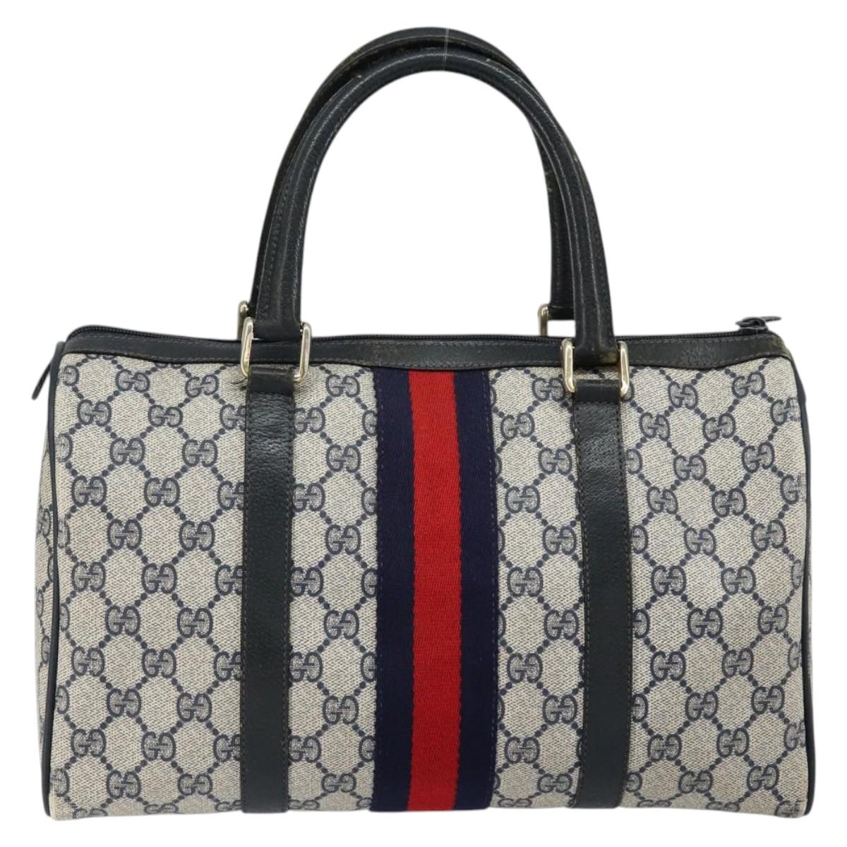 GUCCI GG Supreme Sherry Line Boston Bag PVC Navy Gold Red Auth 150128