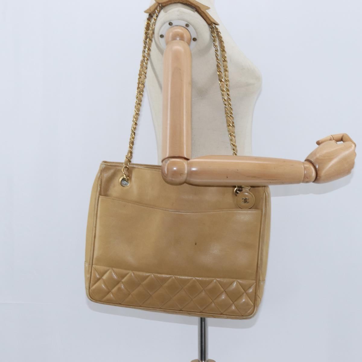 CHANEL Matelasse Chain Shoulder Bag Lamb Skin Beige Gold CC Auth 150131