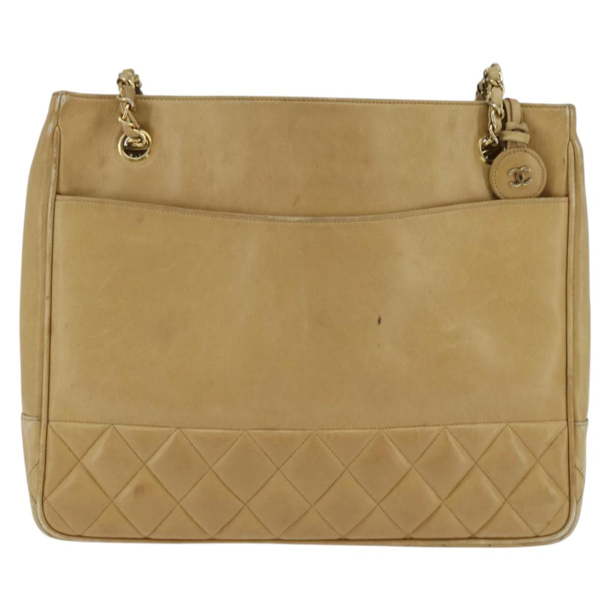 CHANEL Matelasse Chain Shoulder Bag Lamb Skin Beige Gold CC Auth 150131