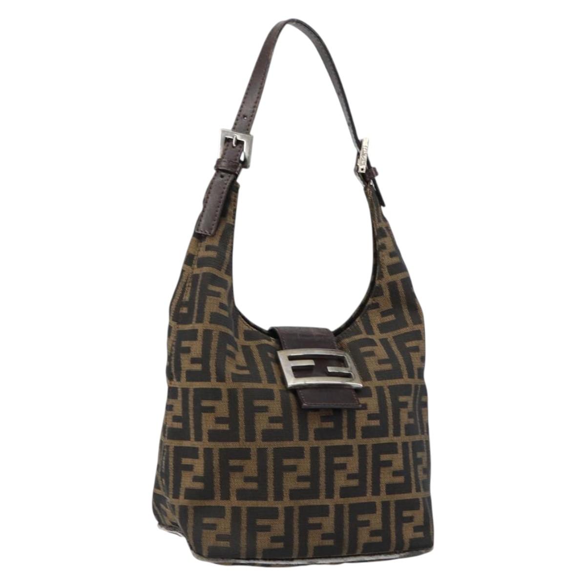 FENDI Zucca Canvas Mamma Baguette Shoulder Bag Black Brown Silver Auth 150142