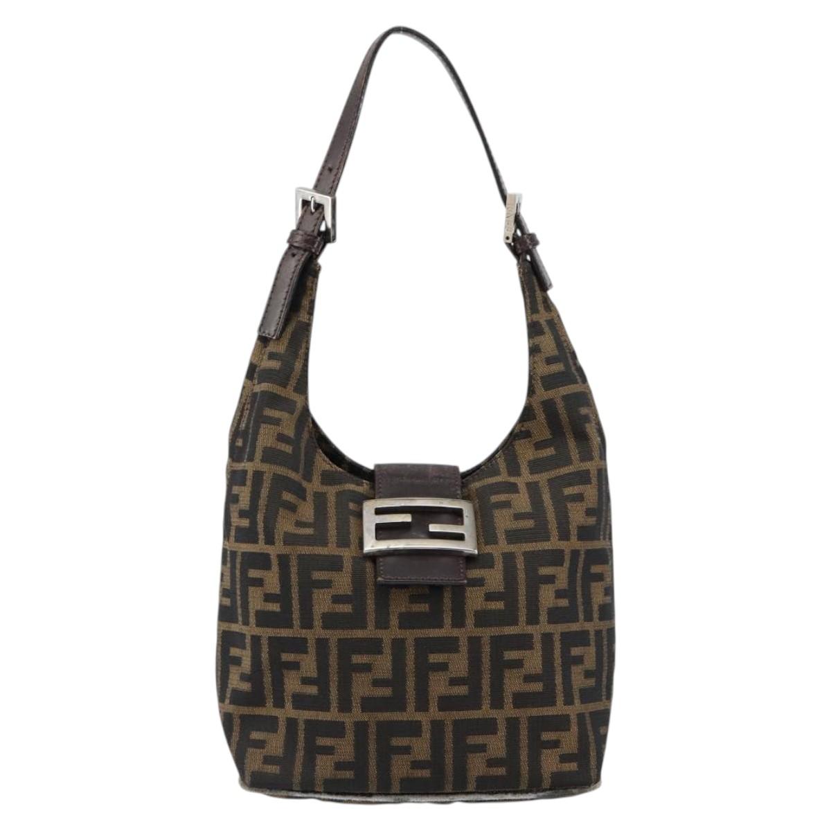 FENDI Zucca Canvas Mamma Baguette Shoulder Bag Black Brown Silver Auth 150142