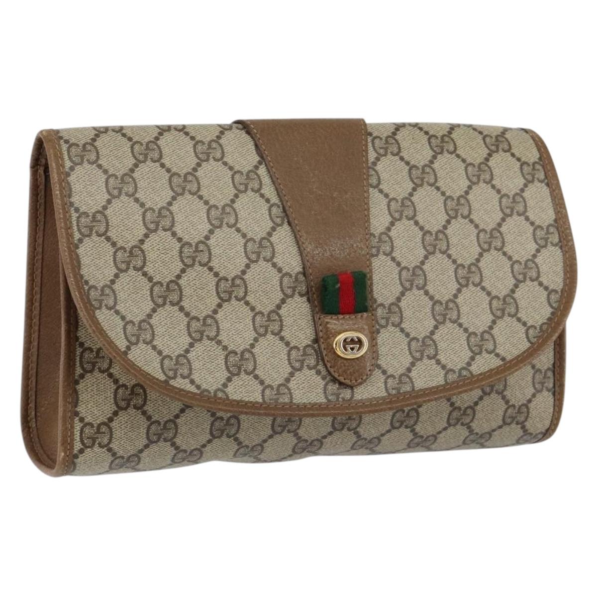 GUCCI GG Supreme Web Sherry Line Clutch Bag PVC Beige Gold 89 01 030 Auth 150272