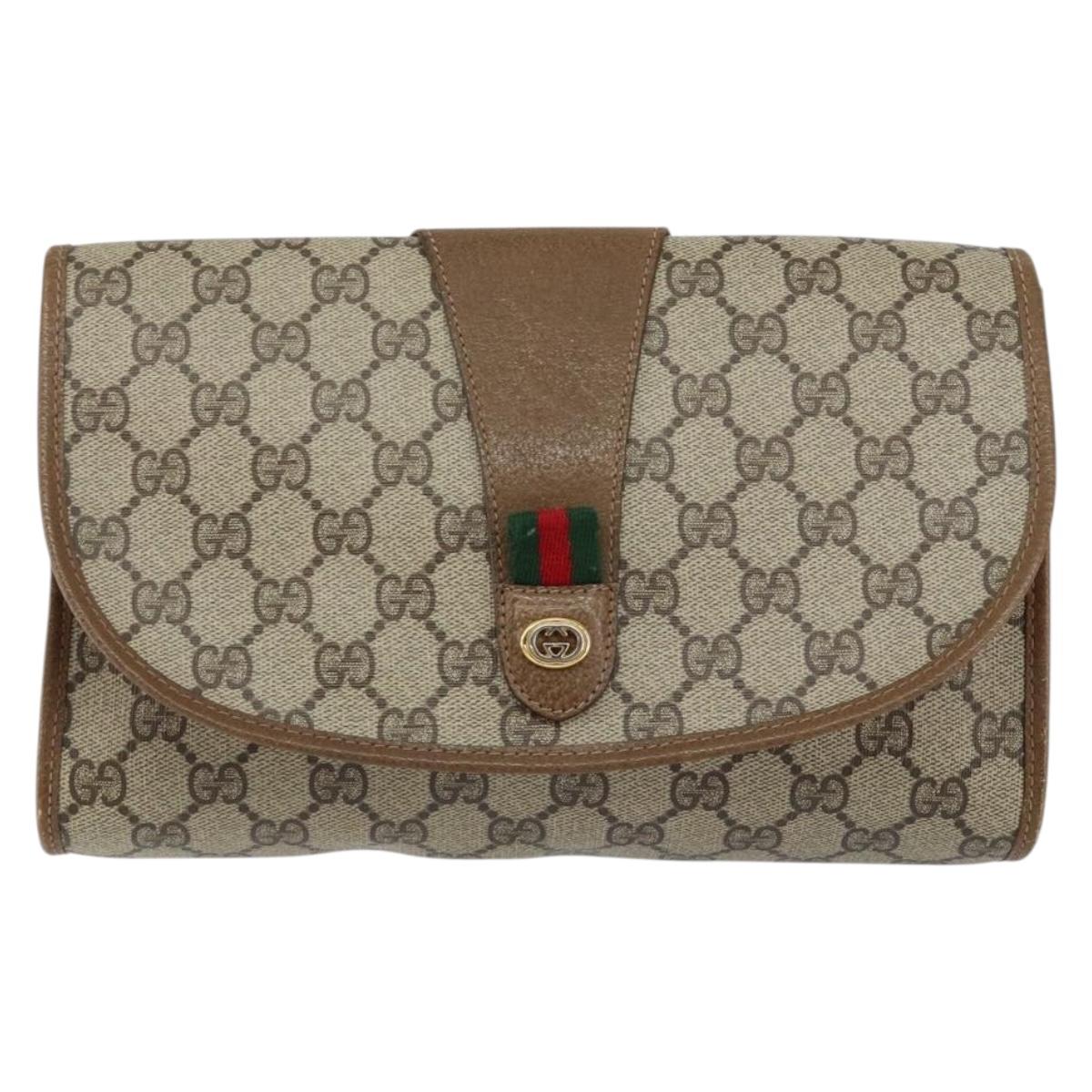 GUCCI GG Supreme Web Sherry Line Clutch Bag PVC Beige Gold 89 01 030 Auth 150272