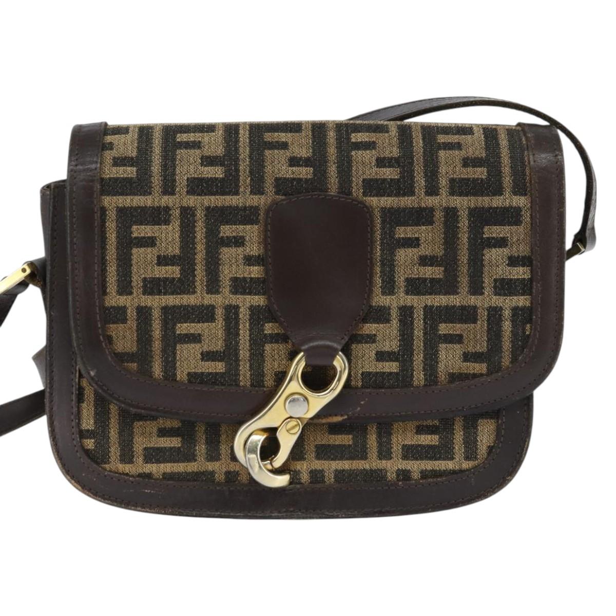 FENDI Zucca Canvas Shoulder Bag Black Brown Auth 150285