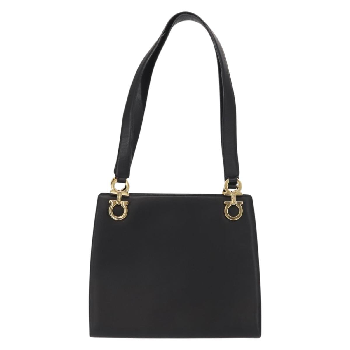 Salvatore Ferragamo Gancini Shoulder Bag Leather Black Gold Auth 150293