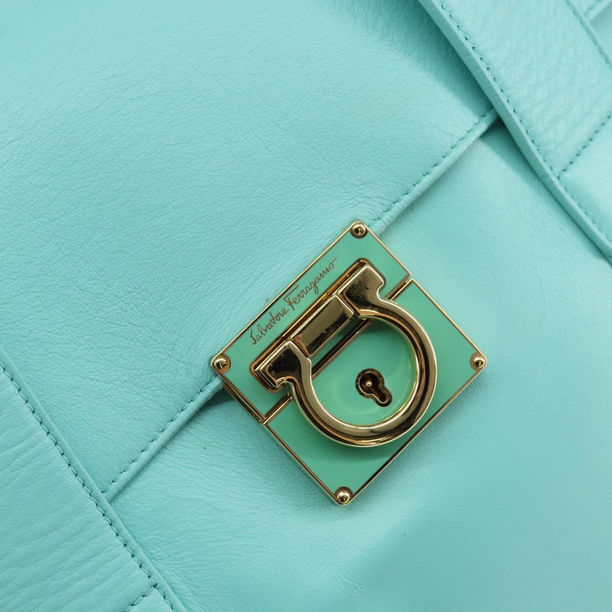 Salvatore Ferragamo Gancini Hand Bag Leather Turquoise Blue Gold Auth 150296