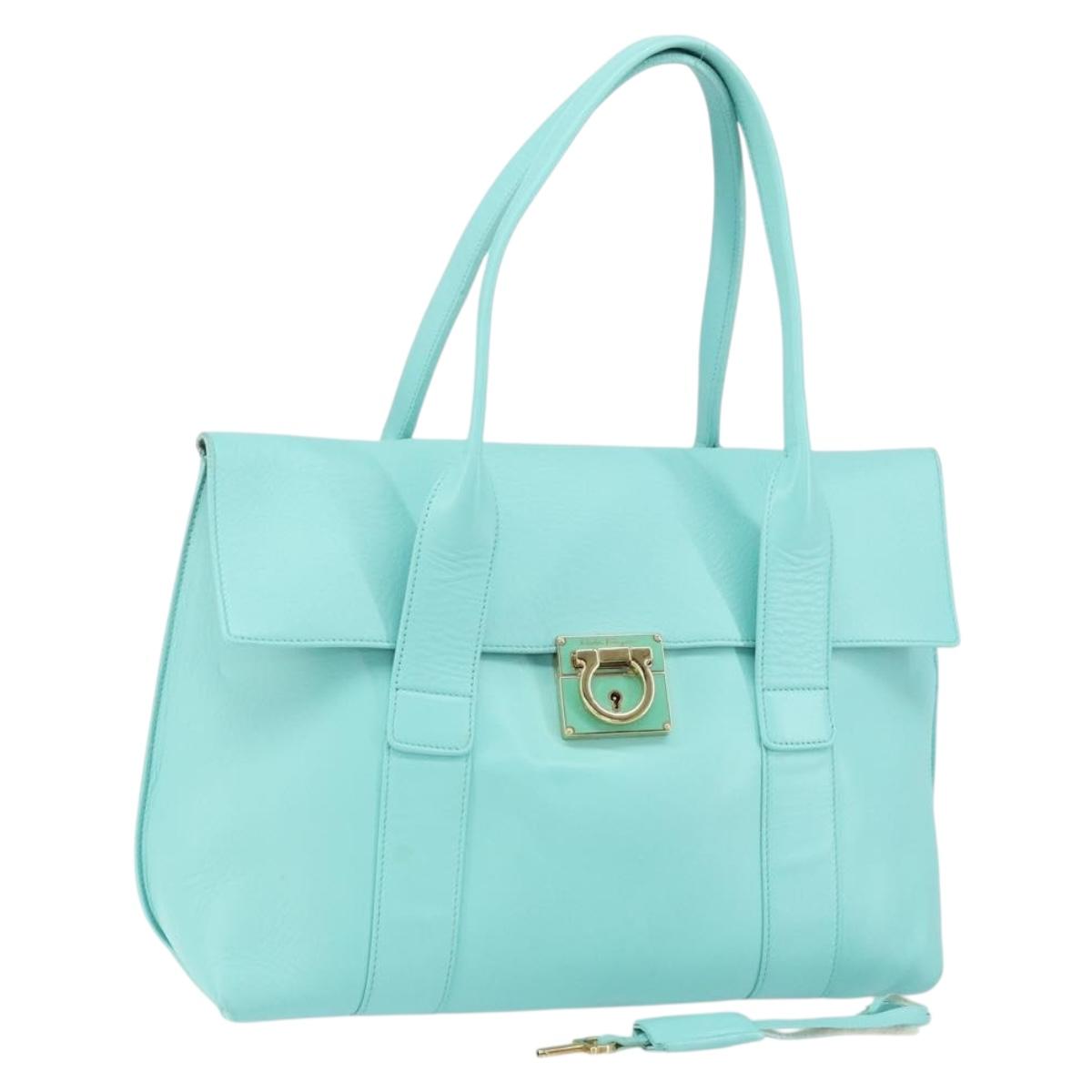 Salvatore Ferragamo Gancini Hand Bag Leather Turquoise Blue Gold Auth 150296