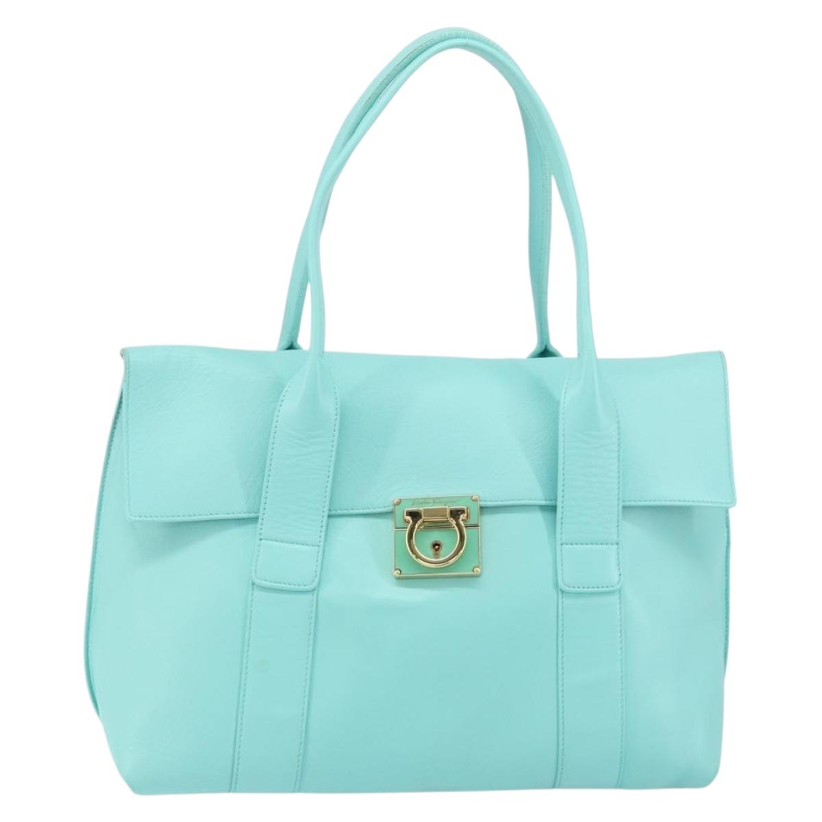 Salvatore Ferragamo Gancini Hand Bag Leather Turquoise Blue Gold Auth 150296
