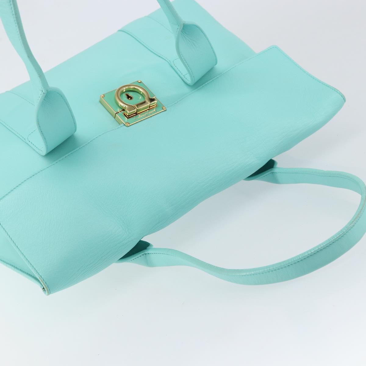 Salvatore Ferragamo Gancini Hand Bag Leather Turquoise Blue Gold Auth 150296