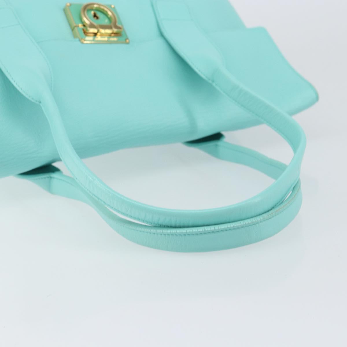Salvatore Ferragamo Gancini Hand Bag Leather Turquoise Blue Gold Auth 150296