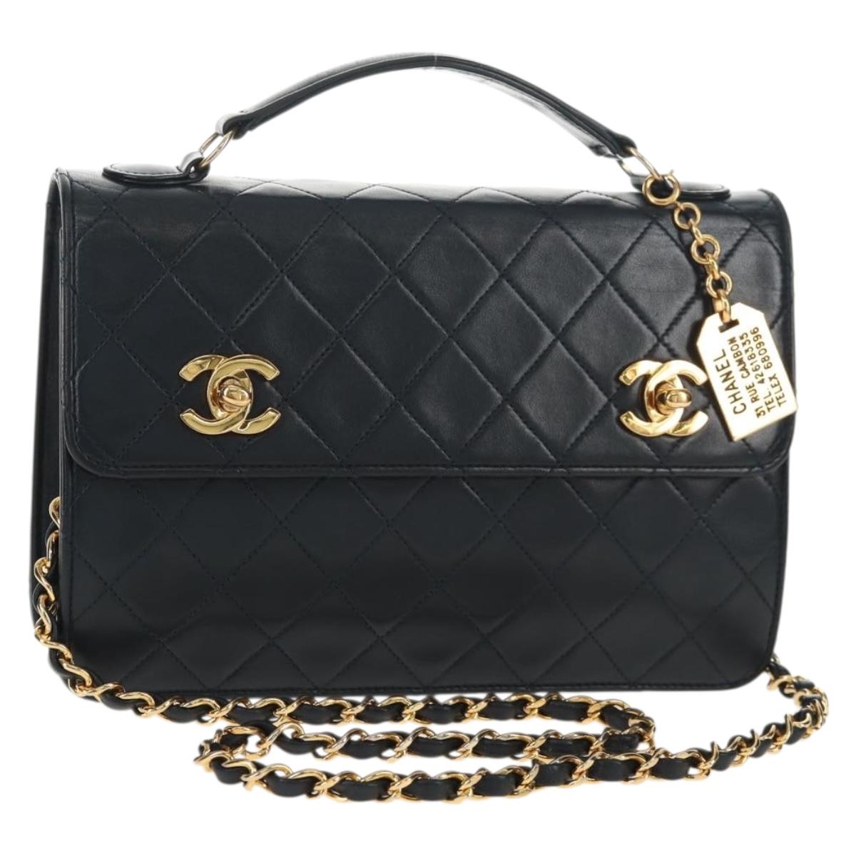 CHANEL Matelasse Double Turn Lock Chain Bag Lamb Skin 2way Navy CC Auth 150317SM