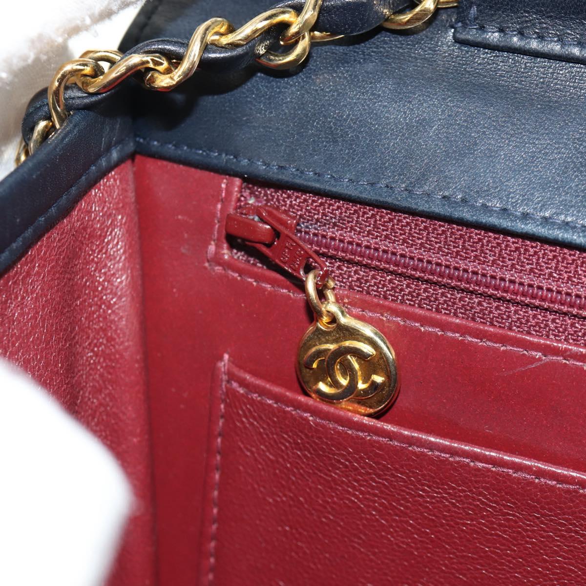 CHANEL Matelasse Double Turn Lock Chain Bag Lamb Skin 2way Navy CC Auth 150317SM