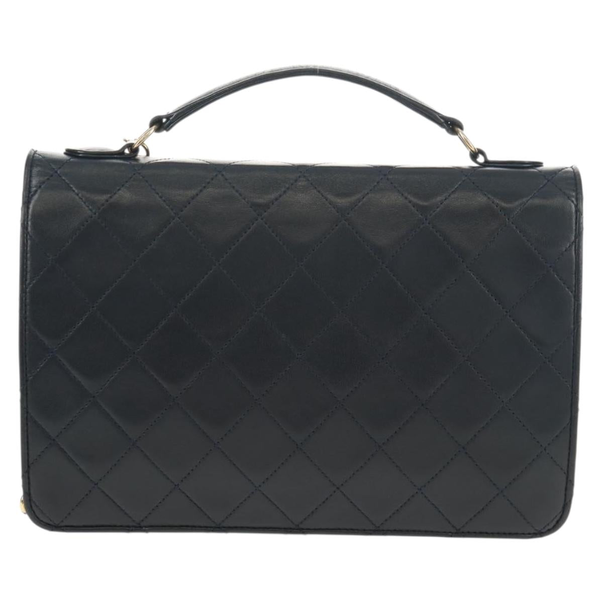 CHANEL Matelasse Double Turn Lock Chain Bag Lamb Skin 2way Navy CC Auth 150317SM