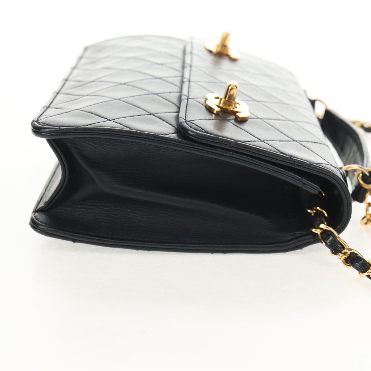 CHANEL Matelasse Double Turn Lock Chain Bag Lamb Skin 2way Navy CC Auth 150317SM