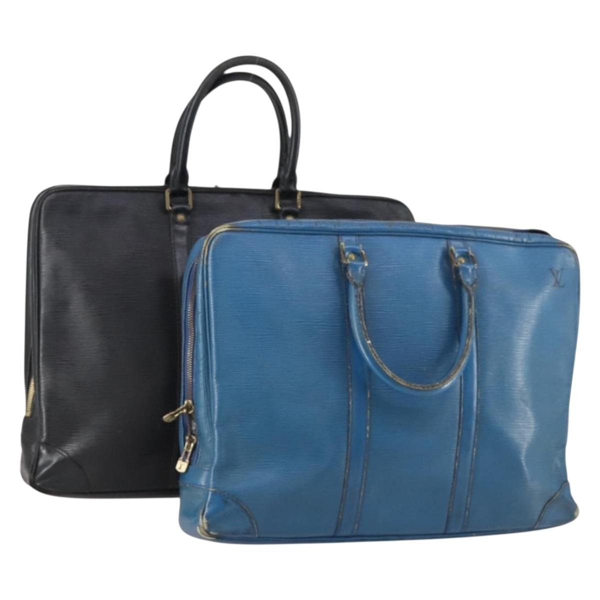 LOUIS VUITTON Epi Porte Documents Voyage Bag 2 Set Black Blue LV Auth 150326