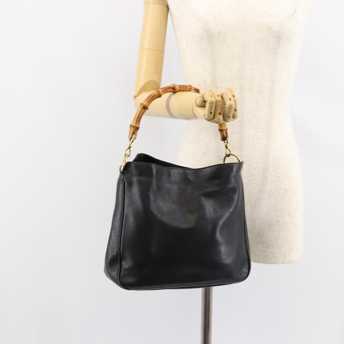 GUCCI Bamboo Hand Bag Leather Black Gold 001 0166 1638 Auth 150344