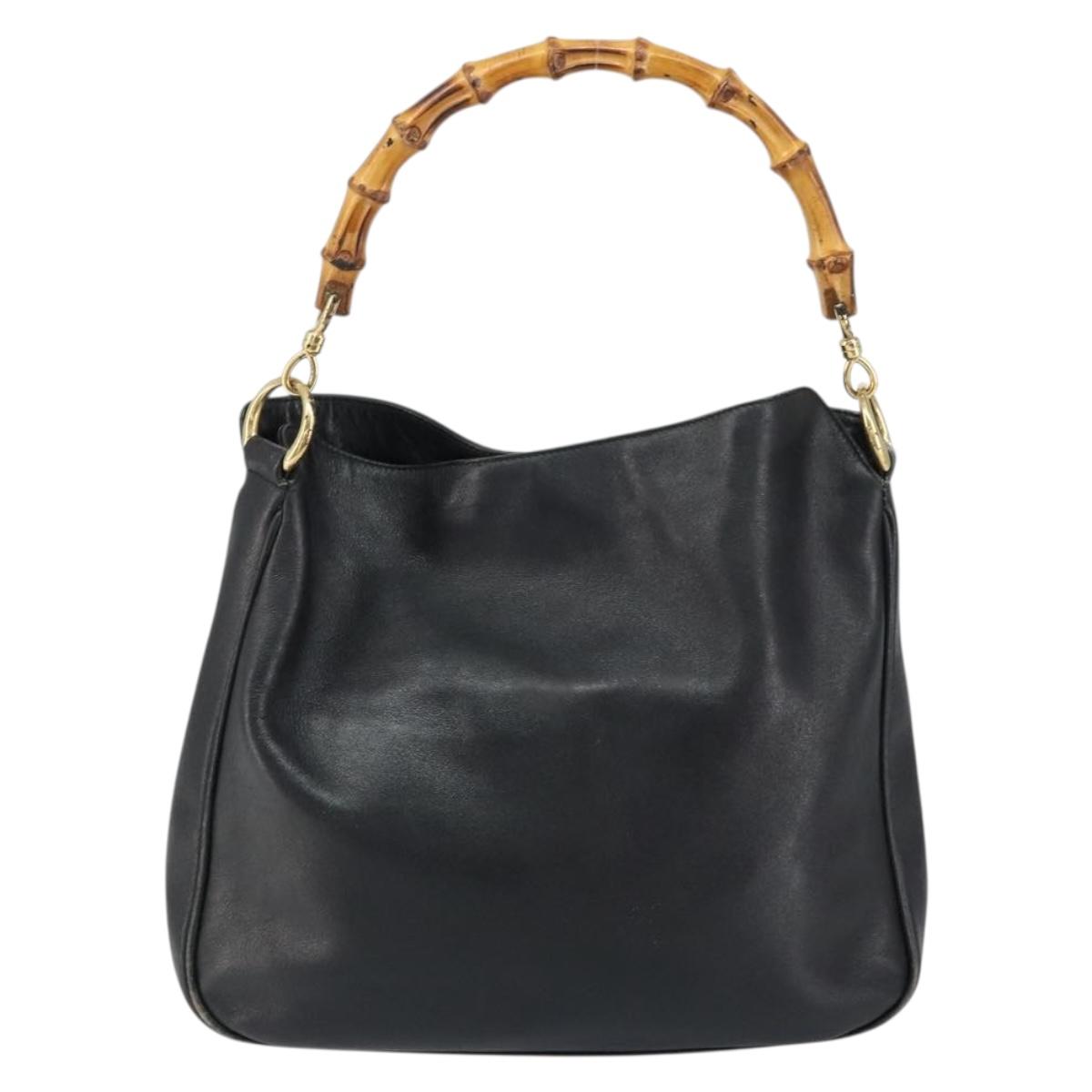 GUCCI Bamboo Hand Bag Leather Black Gold 001 0166 1638 Auth 150344