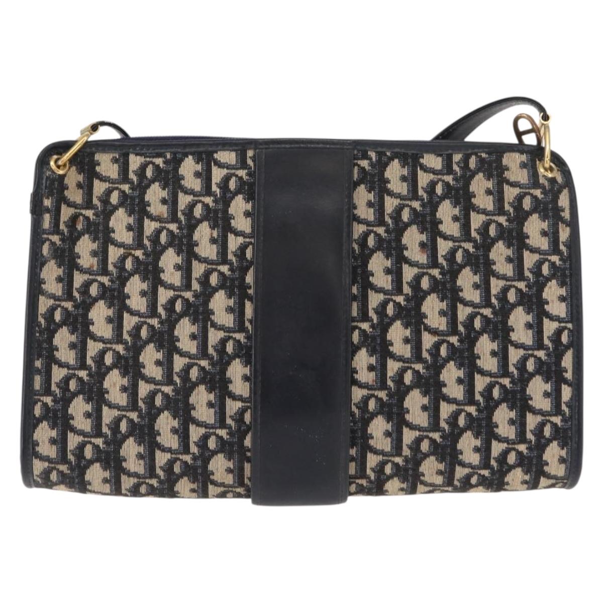 Christian Dior Trotter Canvas Shoulder Bag Navy Gold Auth 150350